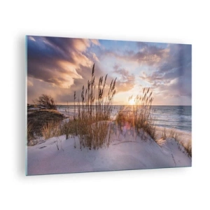 Glasbild - Bild auf glas - Sonnenuntergang über dem Meer durch die Gräser am Meer gesehen - 70x50cm - Abschied von Sonne und Wind - Moderne Wanddekoration für Wohnzimmer und Schlafzimmer ARTTOR