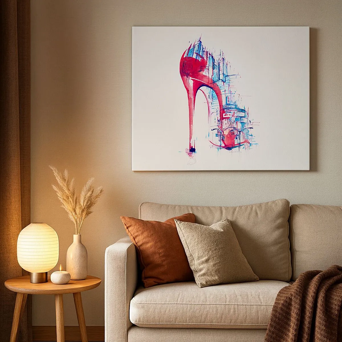 Bild auf Leinwand - Leinwandbild - Abstrakter roter Stilettoabsatz mit urbanen Details - 70x50cm - Ein Großstadt-Dandy - Moderne Wanddekoration für Wohnzimmer und Schlafzimmer ARTTOR