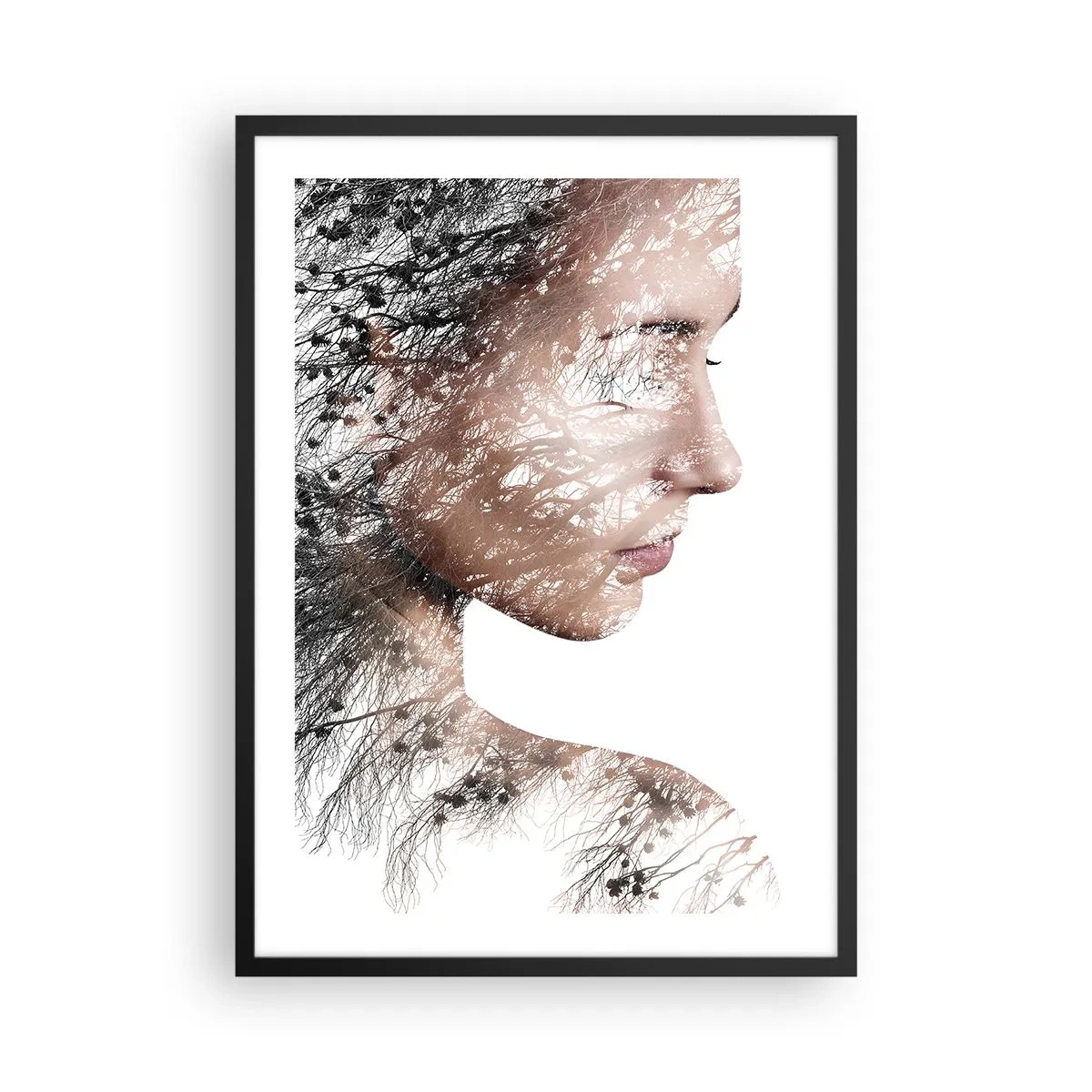 Poster in einem schwarzem Rahmen - Doppelbelichtetes Frauenportrait mit Naturmotiv - 50x70cm - Der Geist des Waldes - Moderne Wanddekoration für Wohnzimmer und Schlafzimmer ARTTOR