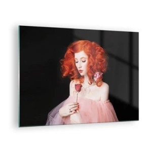 Glasbild - Bild auf glas - Porträt einer Frau mit roten Haaren und einer Rose vor dunklem Hintergrund - 70x50cm - Im barocken Stil - Moderne Wanddekoration für Wohnzimmer und Schlafzimmer ARTTOR