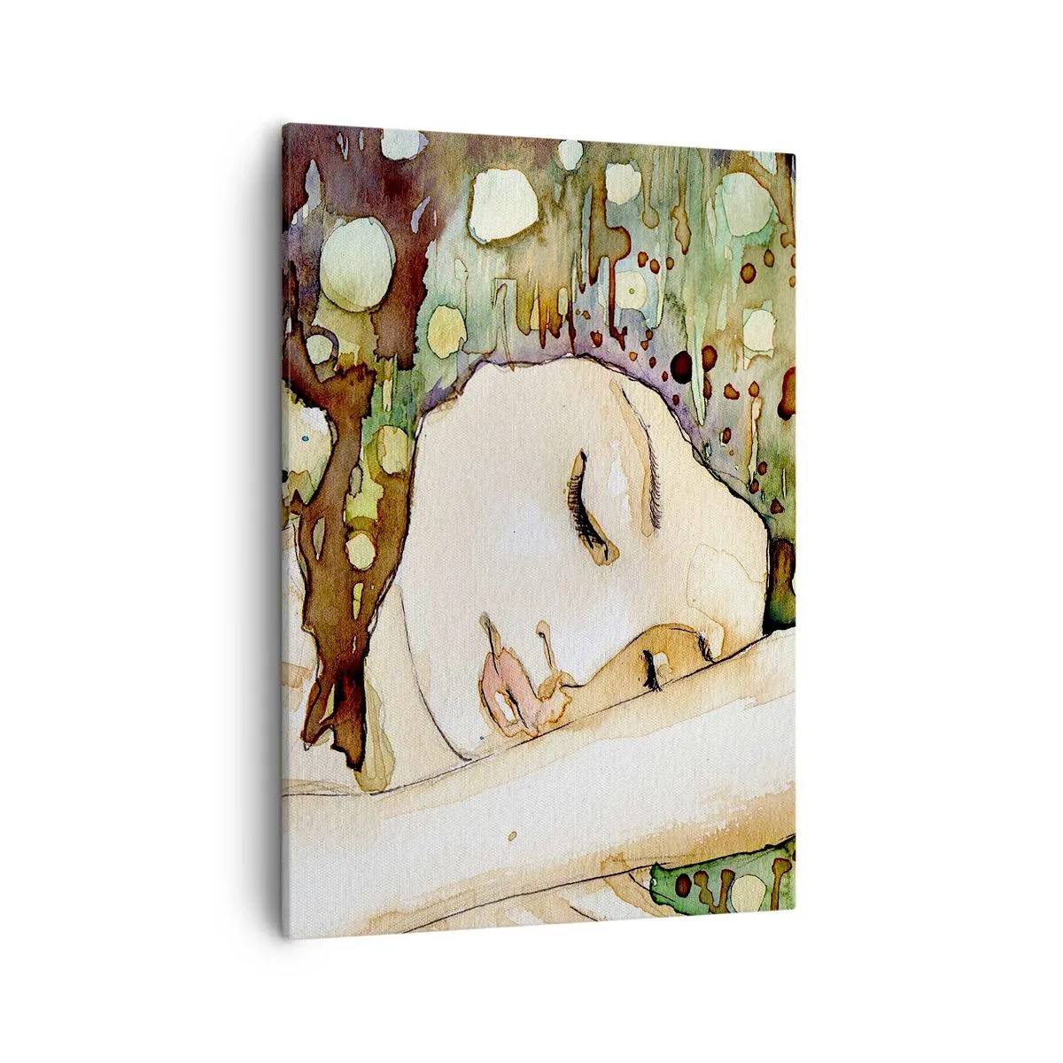 Bild auf Leinwand - Leinwandbild - Eine träumende Frau, umgeben von abstrakten Formen und Farben. - 50x70cm - Ein smaragd-violetter Traum - Moderne Wanddekoration für Wohnzimmer und Schlafzimmer ARTTOR