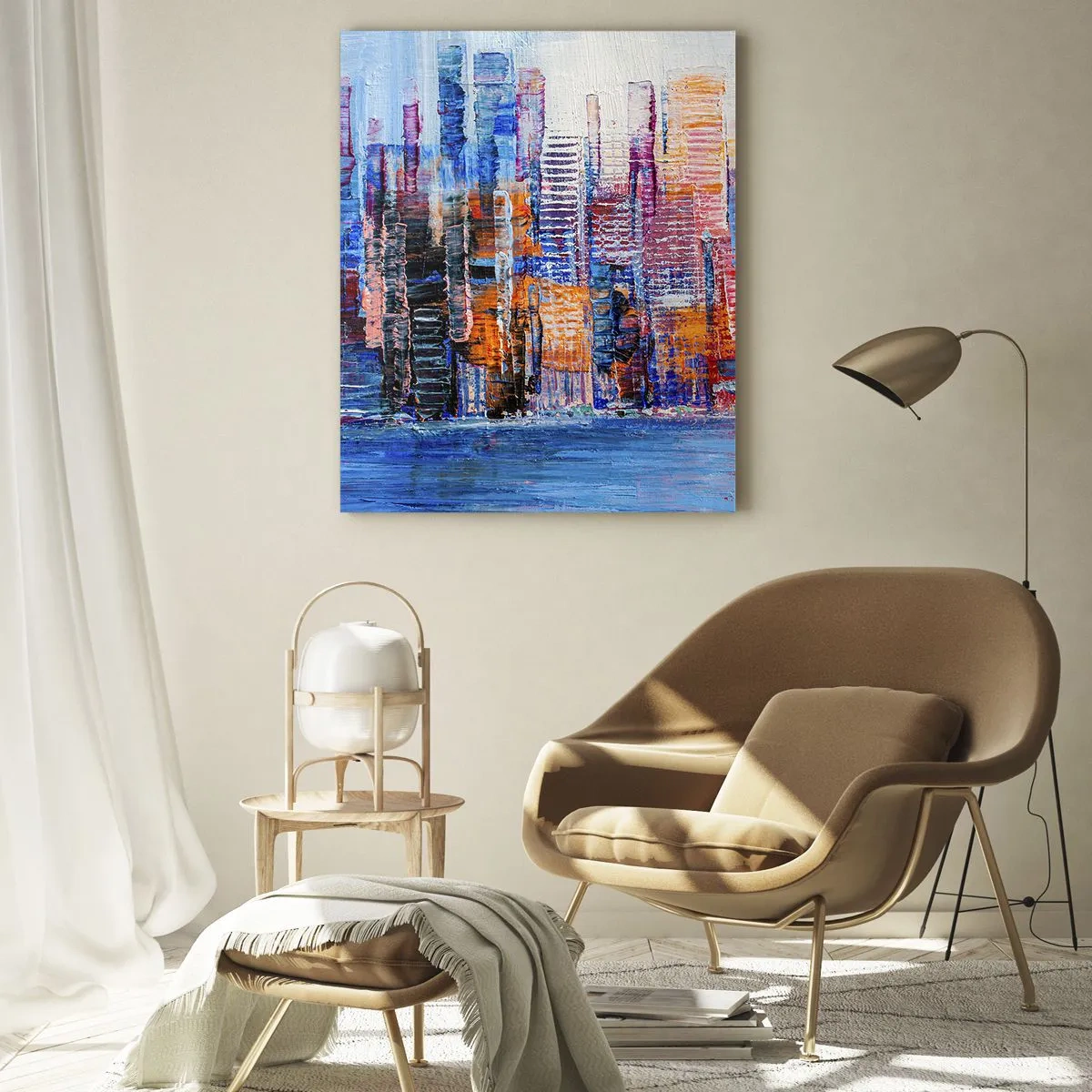 Glasbild - Bild auf glas - Ein farbenfrohes Panorama der Stadt, gemalt mit Pinselstrichen - 50x70cm - Fröhliche Metropole - Moderne Wanddekoration für Wohnzimmer und Schlafzimmer ARTTOR