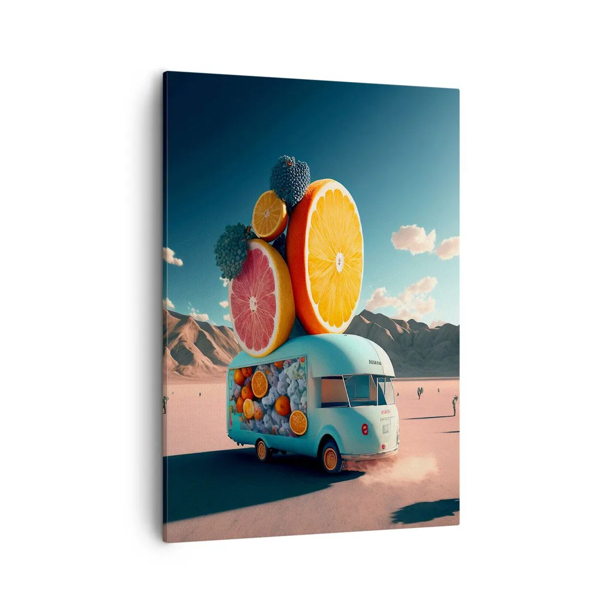 Bild auf Leinwand - Leinwandbild - Obstwagen in einer Wüstenlandschaft - 50x70cm - Geschmack von Urlaub - Moderne Wanddekoration für Wohnzimmer und Schlafzimmer ARTTOR