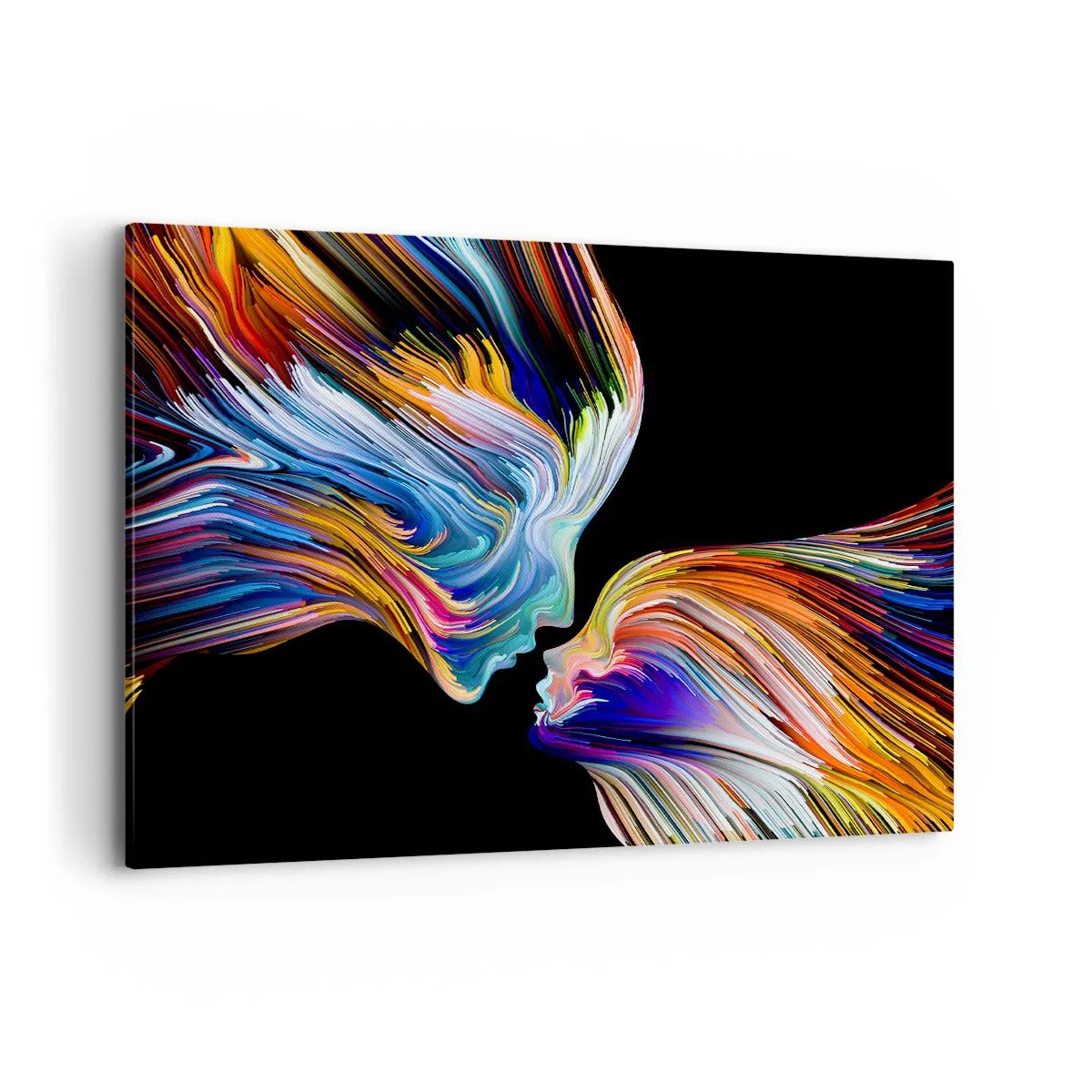 Bild auf Leinwand - Leinwandbild - Bunte Silhouetten von Gesichtern in dynamischen Strömen auf schwarzem Hintergrund - 120x80cm - Eine Verschmelzung von Energie und Licht - Moderne Wanddekoration für Wohnzimmer und Schlafzimmer ARTTOR