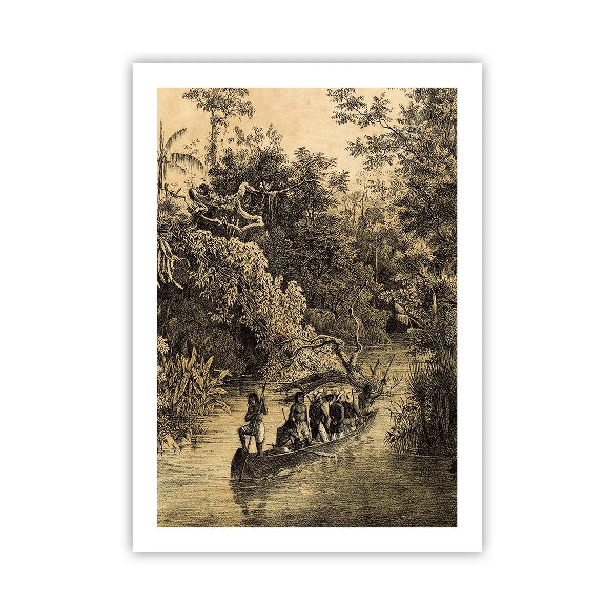 Poster - Eine Gravur eines tropischen Waldes und eines Bootes auf einem Fluss - 50x70cm - Expedition zur Quelle - Moderne Wanddekoration für Wohnzimmer und Schlafzimmer ARTTOR