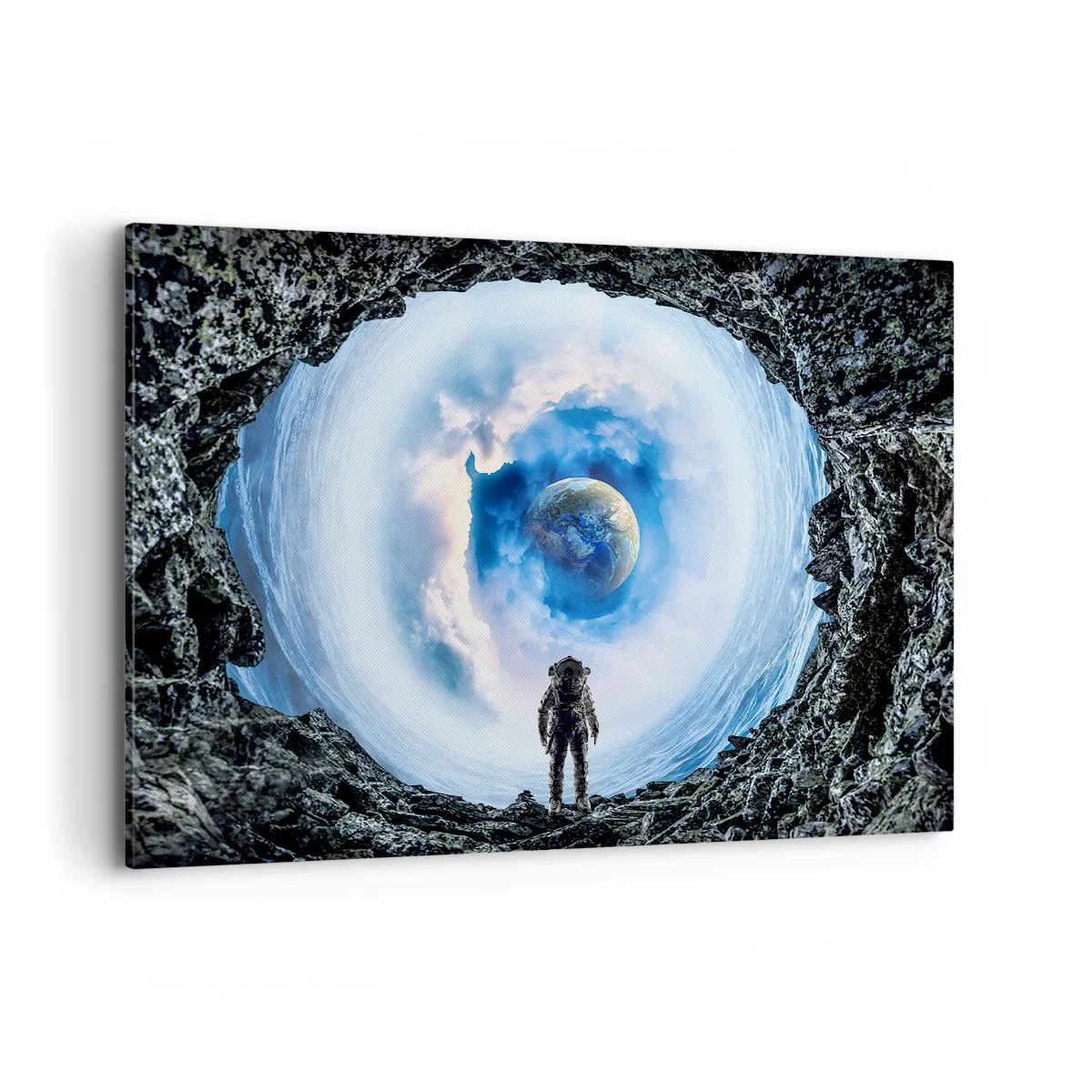 Bild auf Leinwand - Leinwandbild - Astronaut vor einer Weltraumlandschaft mit der Erde im Hintergrund - 100x70cm - Es ist nicht weit von zu Hause - Moderne Wanddekoration für Wohnzimmer und Schlafzimmer ARTTOR
