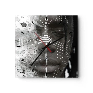Wanduhr - Glasuhr - Künstlerisches Gesichtsporträt mit abstrakten weißen Mustern - 30x30cm - Entdecke den Urgeist - Moderne Wanddekoration für Wohnzimmer und Schlafzimmer ARTTOR