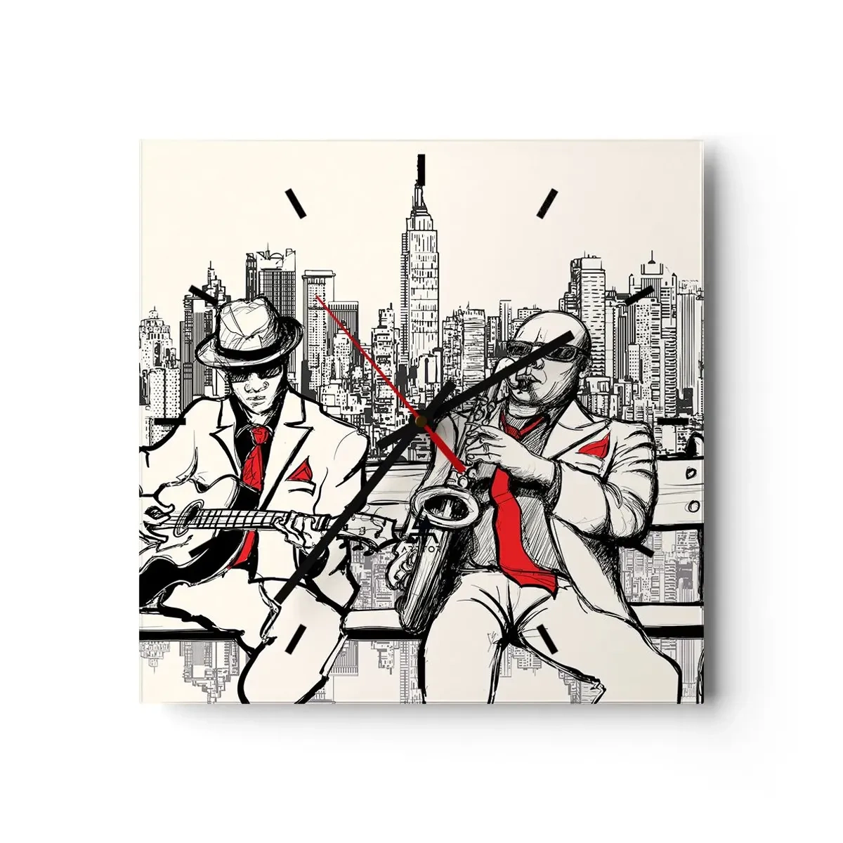 Wanduhr - Glasuhr - Ein Jazzduo mit Saxophon und Gitarre vor der Kulisse der Stadt - 30x30cm - New Yorker Improvisation - Moderne Wanddekoration für Wohnzimmer und Schlafzimmer ARTTOR