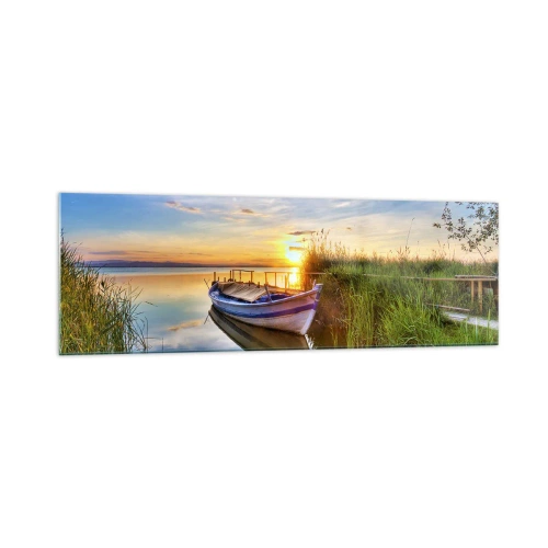 Glasbild - Bild auf glas - Ein Boot in einer ruhigen Bucht bei Sonnenuntergang - 160x50cm - Bucht erfüllter Träume - Moderne Wanddekoration für Wohnzimmer und Schlafzimmer ARTTOR