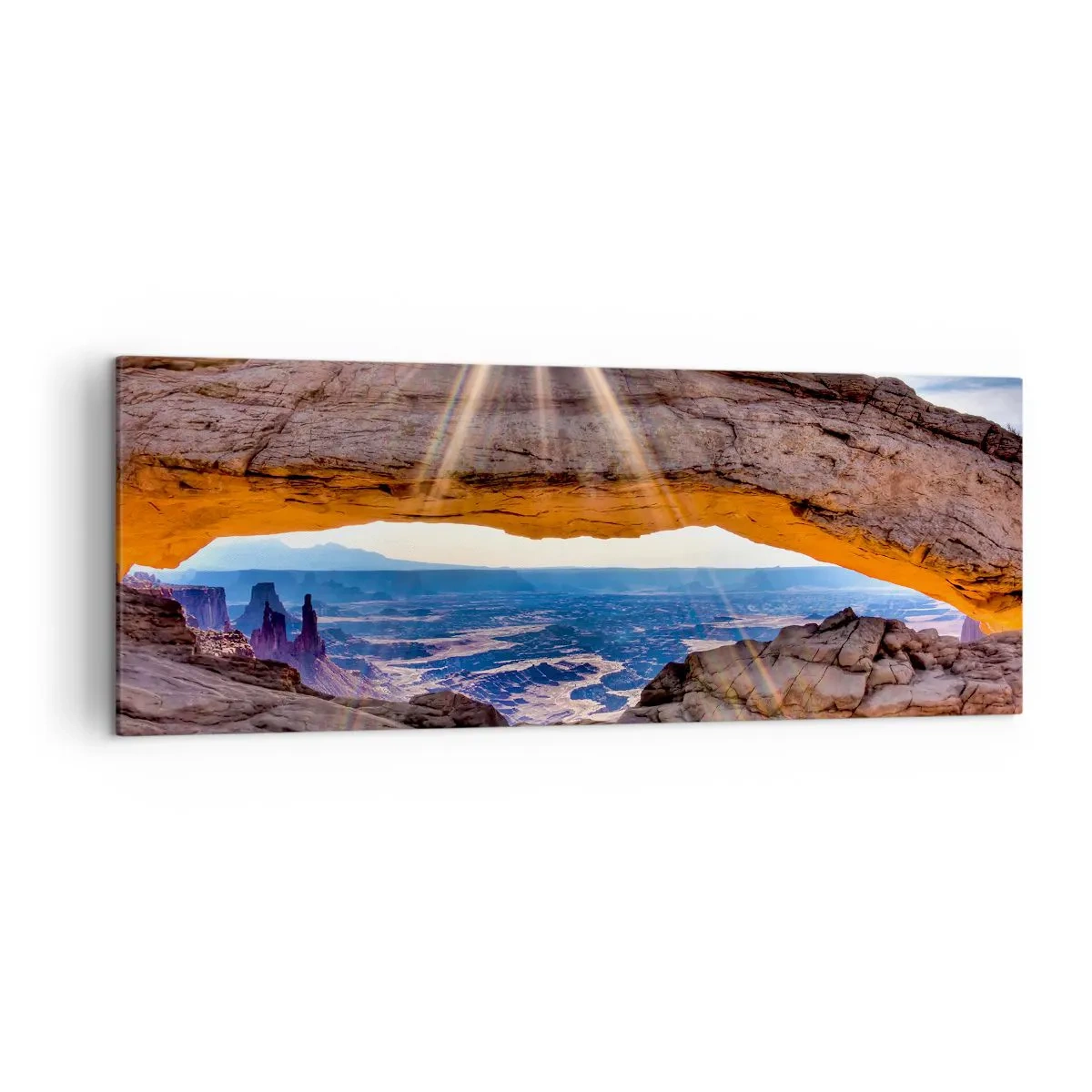 Bild auf Leinwand - Leinwandbild - Felsbogen mit Blick auf den Canyon bei Sonnenaufgang - 140x50cm - Durch das Felsentor - Moderne Wanddekoration für Wohnzimmer und Schlafzimmer ARTTOR