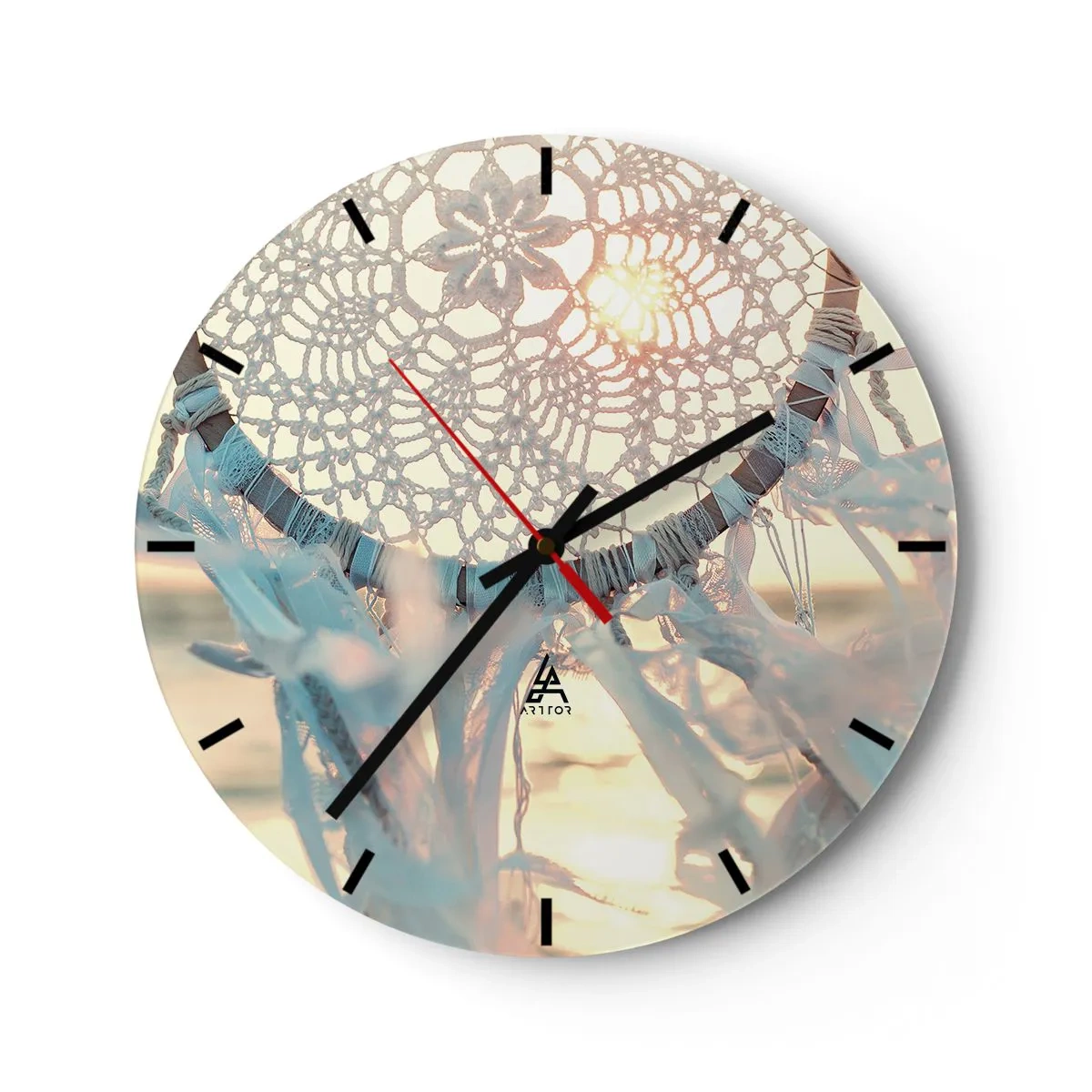 Wanduhr - Glasuhr - Spitzen-Traumfänger mit Bändern in den Strahlen des Sonnenuntergangs - 30x30cm - Totem aus Spitze - Moderne Wanddekoration für Wohnzimmer, Küche und Schlafzimmer ARTTOR