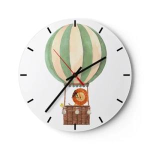 Wanduhr - Glasuhr - Ein Löwe und eine Ente in einem Ballon auf weißem Hintergrund - 30x30cm - Leons Reisen - Moderne Wanddekoration für Wohnzimmer, Küche und Schlafzimmer ARTTOR