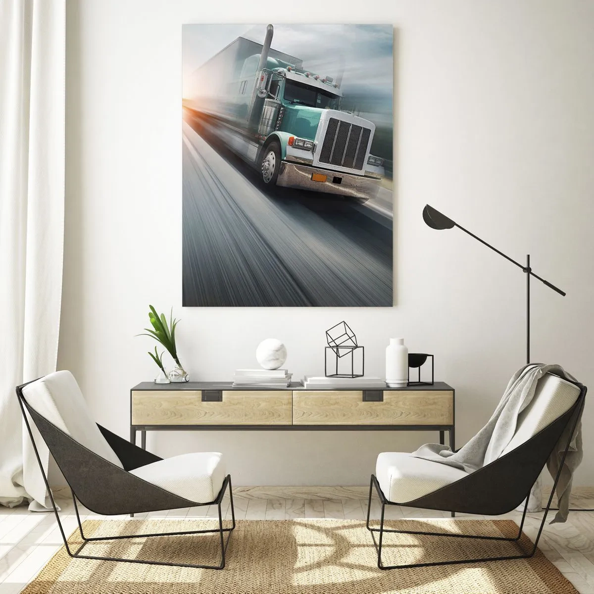 Glasbild - Bild auf glas - Ein LKW auf der Autobahn in Bewegung bei Sonnenuntergang - 80x120cm - Der amerikanische Riese in Eile - Moderne Wanddekoration für Wohnzimmer und Schlafzimmer ARTTOR