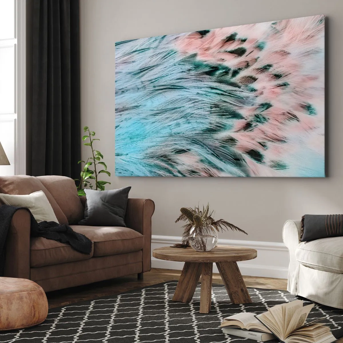 Bild auf Leinwand - Leinwandbild - Nahaufnahme von Federn in pastellfarbenen Saphir-Rosa-Farben - 70x50cm - Saphirrosa Daunen - Moderne Wanddekoration für Wohnzimmer und Schlafzimmer ARTTOR