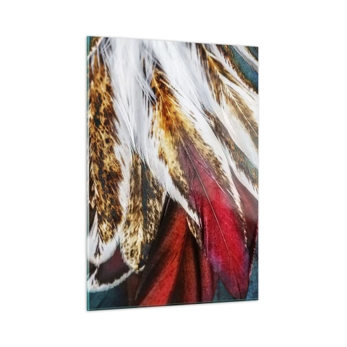 Glasbild - Bild auf glas - Bunte Federn in einer reichen Farbpalette mit einer ausgeprägten Textur - 50x70cm - Geheimnisse des Fliegens - Moderne Wanddekoration für Wohnzimmer und Schlafzimmer ARTTOR