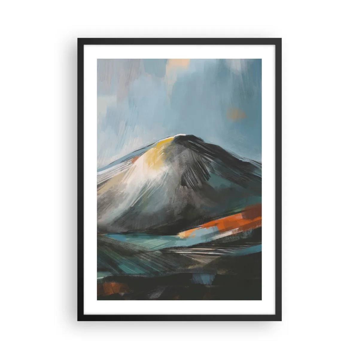 Poster in einem schwarzem Rahmen - Abstrakte Berglandschaft in Marineblau- und Orangetönen - 50x70cm - Roh und schön - Moderne Wanddekoration für Wohnzimmer und Schlafzimmer ARTTOR