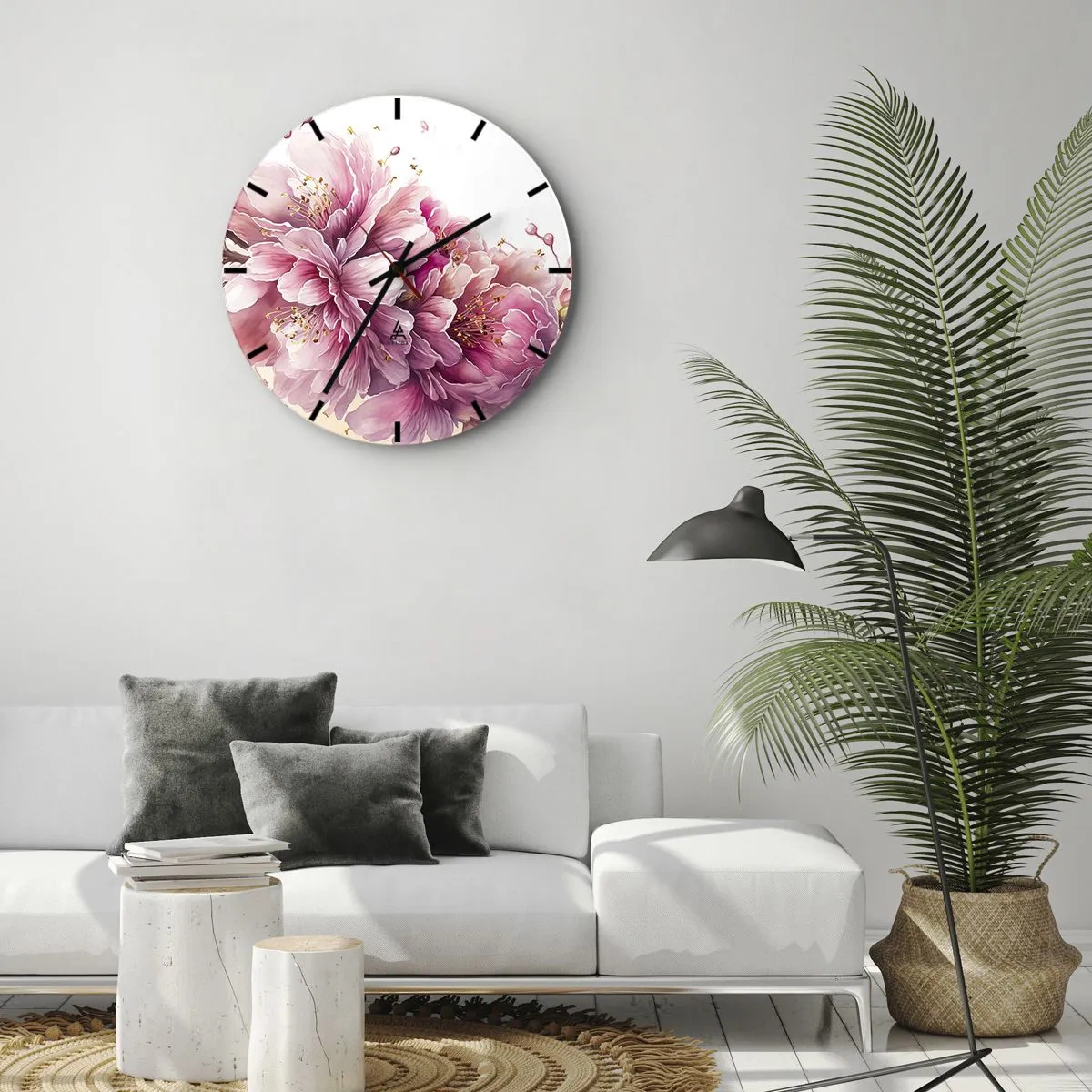 Wanduhr - Glasuhr - Blühende rosa Kirschblüten auf weißem Hintergrund im künstlerischen Stil - 30x30cm - Kirschblütenblüte - Moderne Wanddekoration für Wohnzimmer, Küche und Schlafzimmer ARTTOR