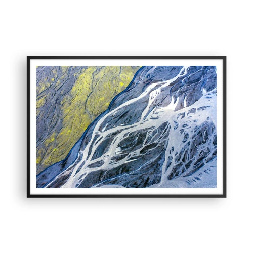 Poster in einem schwarzem Rahmen - Abstrakte Vogelperspektive auf mäandernde Flussbetten - 100x70cm - Felsmalereien der Natur - Moderne Wanddekoration für Wohnzimmer und Schlafzimmer ARTTOR