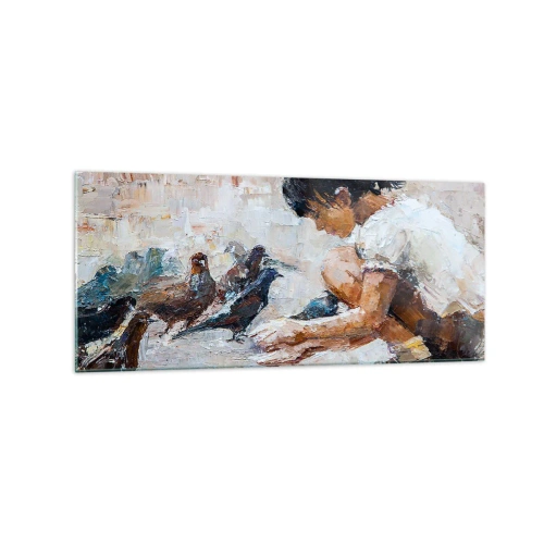 Glasbild - Bild auf glas - Ein Mädchen, das Vögel in einem malerischen Stil füttert - 120x50cm - Die Kleinen und die Schönsten - Moderne Wanddekoration für Wohnzimmer und Schlafzimmer ARTTOR