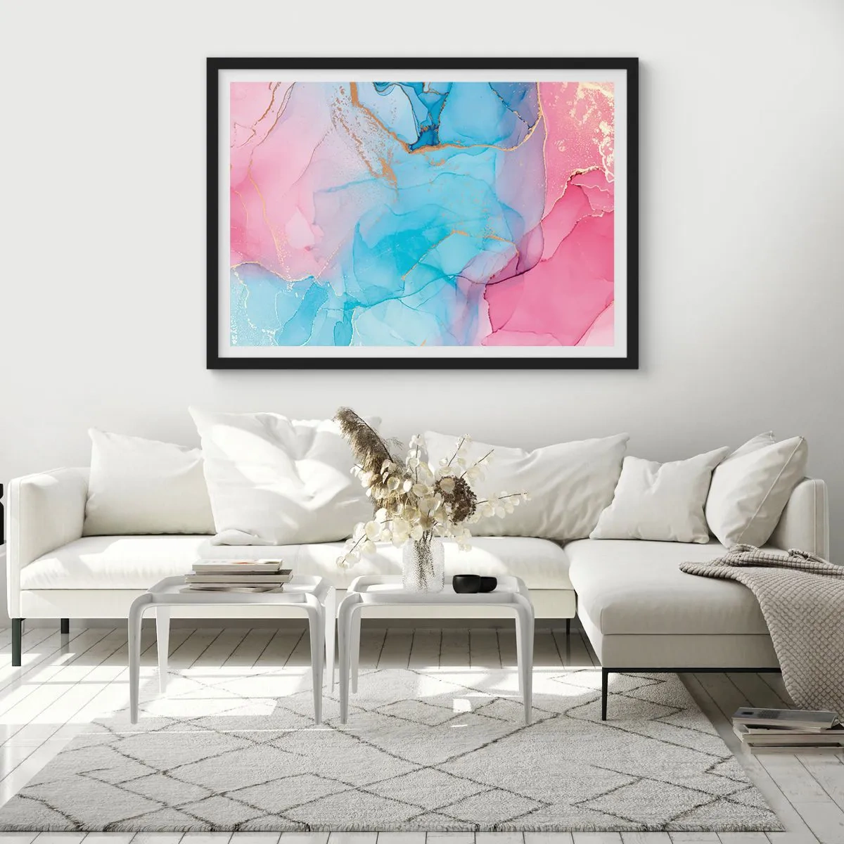 Poster in einem schwarzem Rahmen - Abstrakte Pastellmuster mit goldenen Akzenten - 100x70cm - Begegnung und Durchdringung - Moderne Wanddekoration für Wohnzimmer und Schlafzimmer ARTTOR