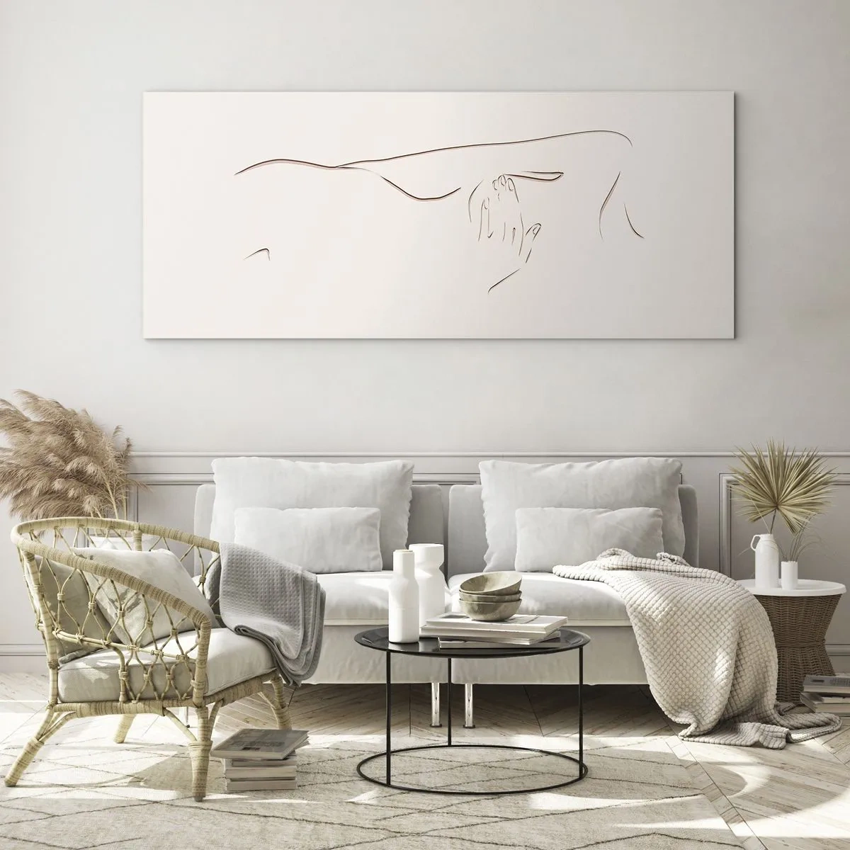 Glasbild - Bild auf glas - Eine subtile Strichzeichnung einer Silhouette vor einem hellen Hintergrund - 140x50cm - Die Form des Verlangens - Moderne Wanddekoration für Wohnzimmer und Schlafzimmer ARTTOR