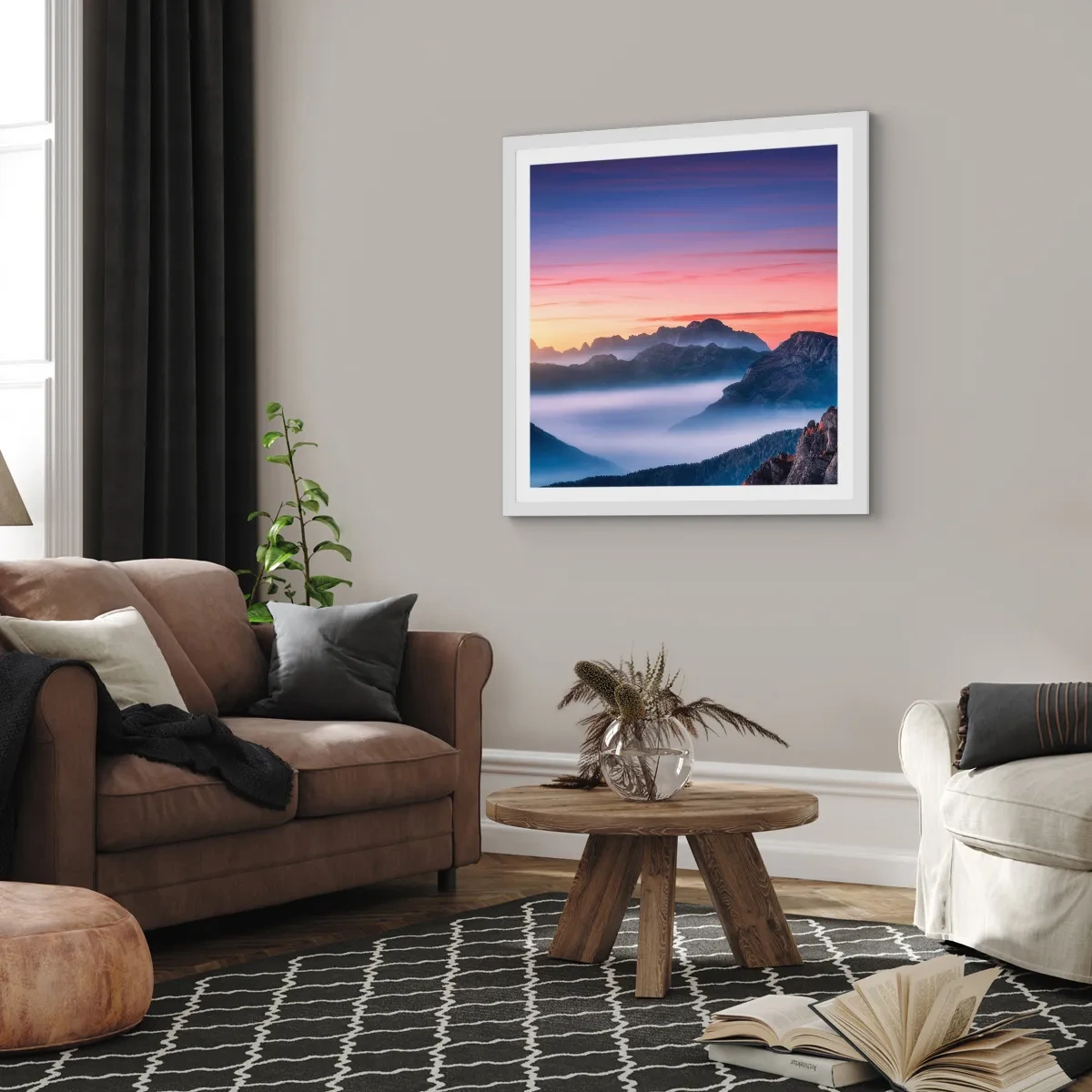 Poster in einem weißen Rahmen - Über die Täler - 50x50 cm