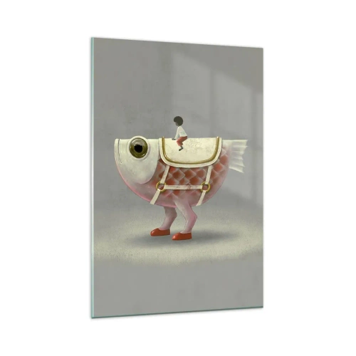 Glasbild - Bild auf glas - Ein schicker Fischreiter mit Beinen und Sattel - 80x120cm - Reiter auf einem surrealen Fisch - Moderne Wanddekoration für Wohnzimmer und Schlafzimmer ARTTOR