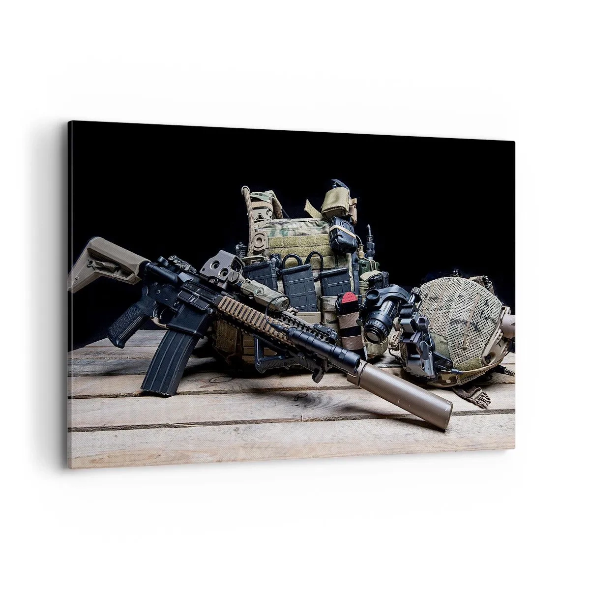 Bild auf Leinwand - Leinwandbild - Taktische Ausrüstung mit einem Gewehr auf einem Holztisch - 100x70cm - Sich ausruhen! - Moderne Wanddekoration für Wohnzimmer und Schlafzimmer ARTTOR
