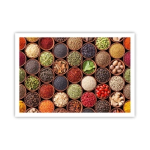 Poster - Bunte Gewürze in runden Behältern - 100x70cm - Alle Aromen der Welt - Moderne Wanddekoration für Wohnzimmer und Schlafzimmer ARTTOR