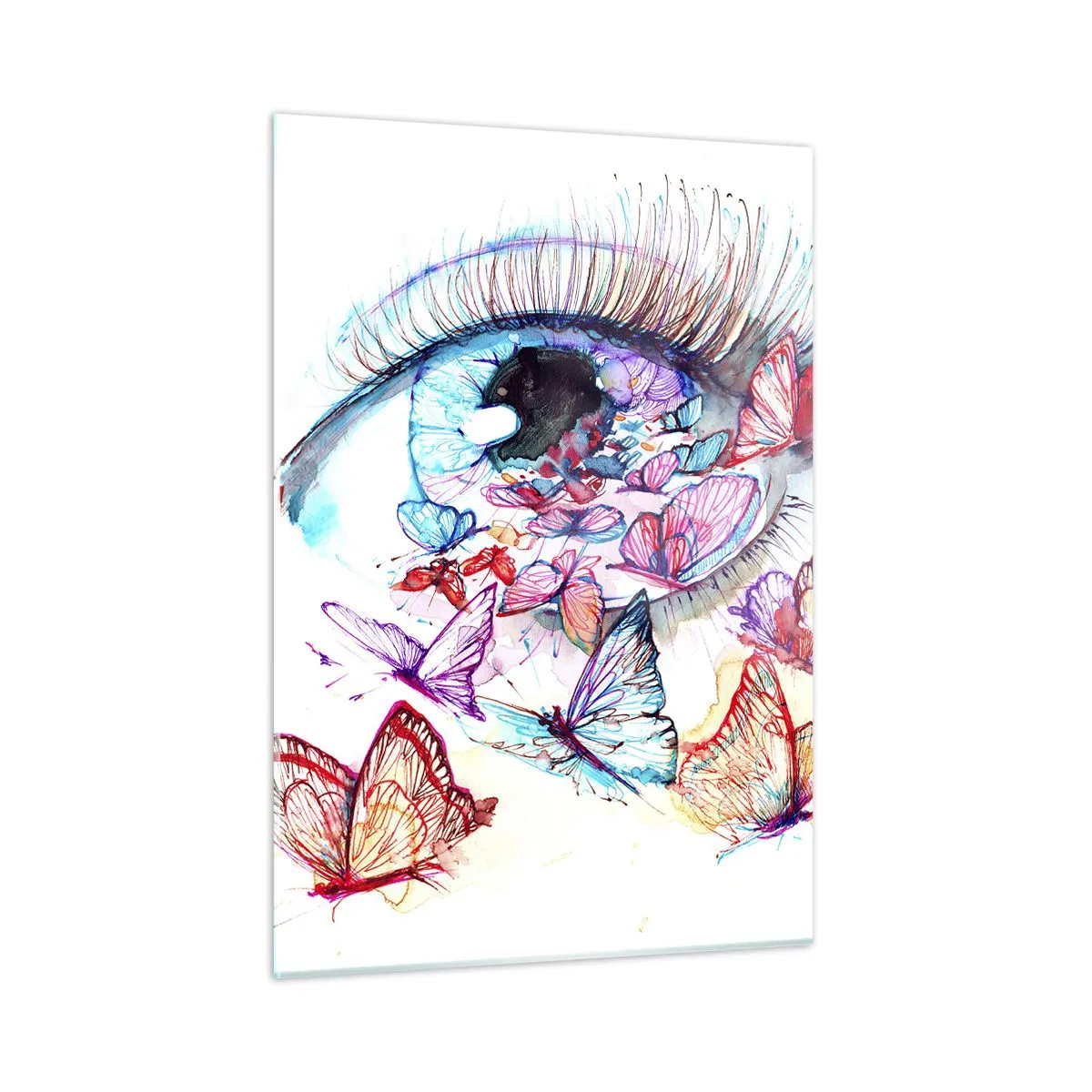 Glasbild - Bild auf glas - Das Auge einer Frau, umgeben von bunten Aquarellschmetterlingen - 50x70cm - Märchenhafter Augenzauber - Moderne Wanddekoration für Wohnzimmer und Schlafzimmer ARTTOR