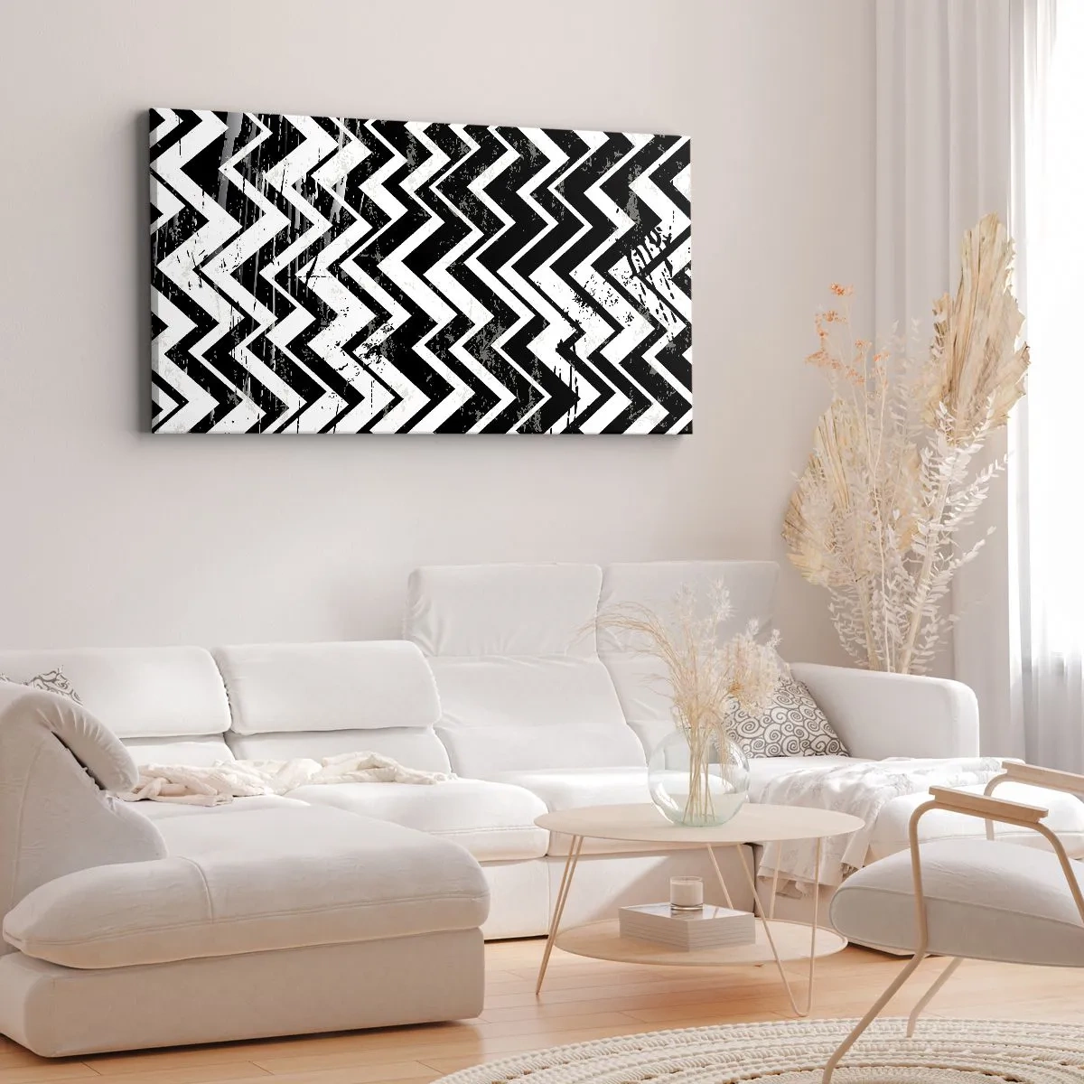 Bild auf Leinwand - Leinwandbild - Schwarz-weißes Zickzack-Muster mit kunstvollen Abschürfungen - 120x50cm - Zick-weiß, Zack-schwarz - Moderne Wanddekoration für Wohnzimmer und Schlafzimmer ARTTOR