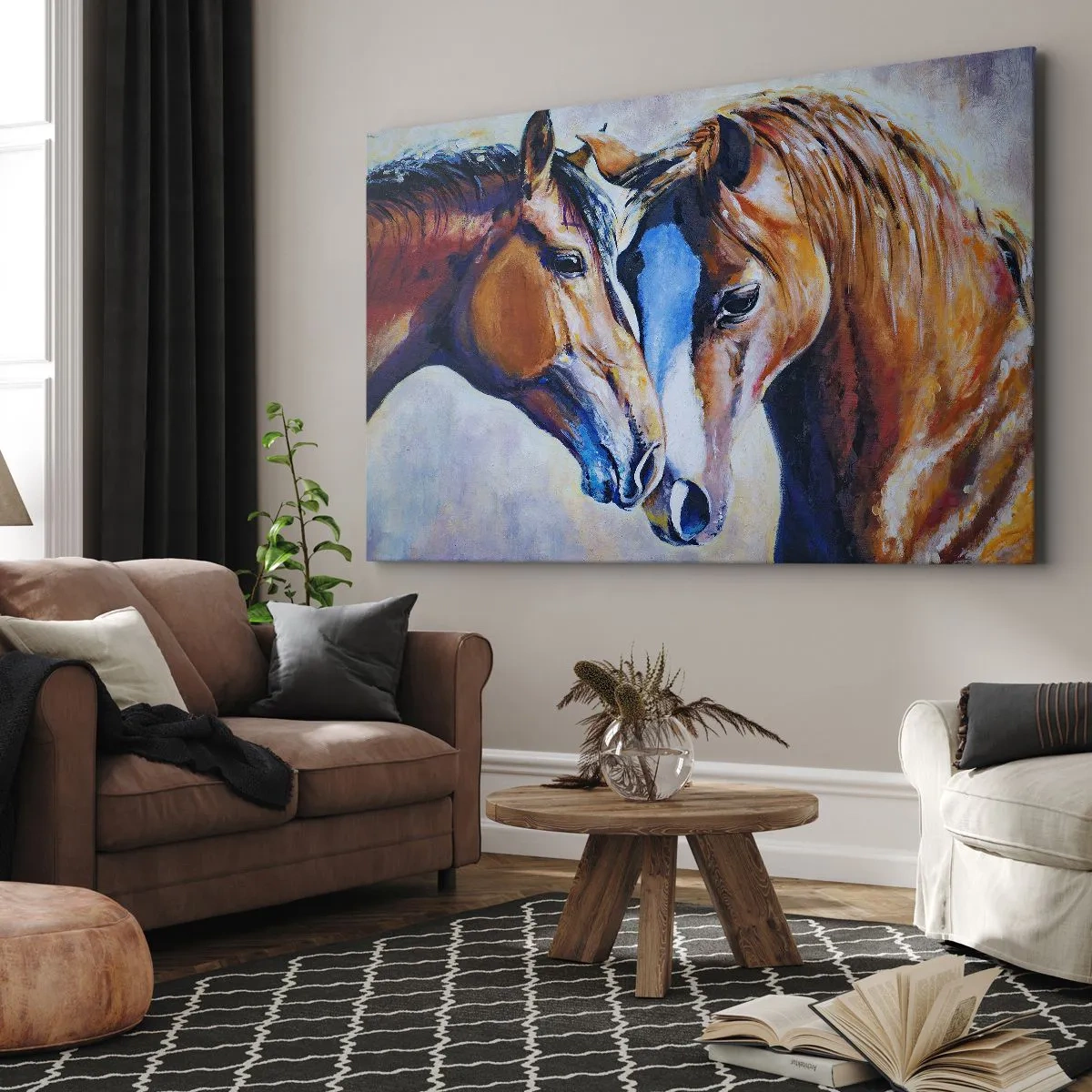 Bild auf Leinwand - Leinwandbild - Eine bildliche Darstellung von zwei Pferden in einer freundlichen Umgebung. - 70x50cm - Ist es Freundschaft? ist es baby - Moderne Wanddekoration für Wohnzimmer und Schlafzimmer ARTTOR