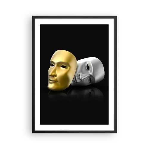 Poster in einem schwarzem Rahmen - Gold- und Silbermaske auf schwarzem Hintergrund - 50x70cm - Das Leben ist wie ein Theater - Moderne Wanddekoration für Wohnzimmer und Schlafzimmer ARTTOR