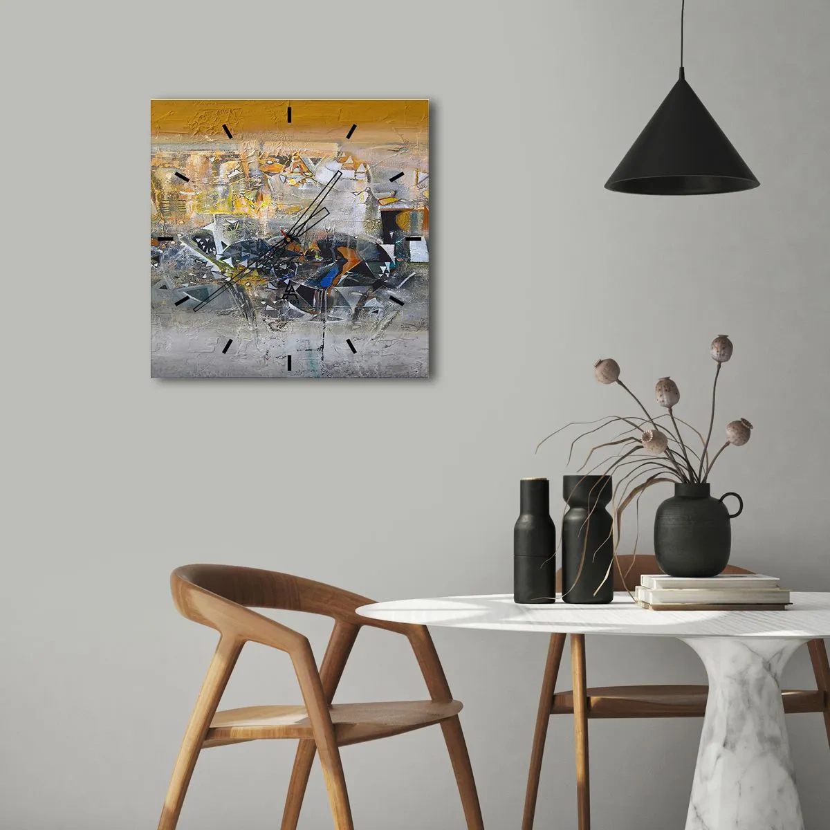 Wanduhr - Glasuhr - Abstraktion mit dominanten Gelb- und Grautönen - 30x30cm - Alles wird gut - Moderne Wanddekoration für Wohnzimmer und Schlafzimmer ARTTOR