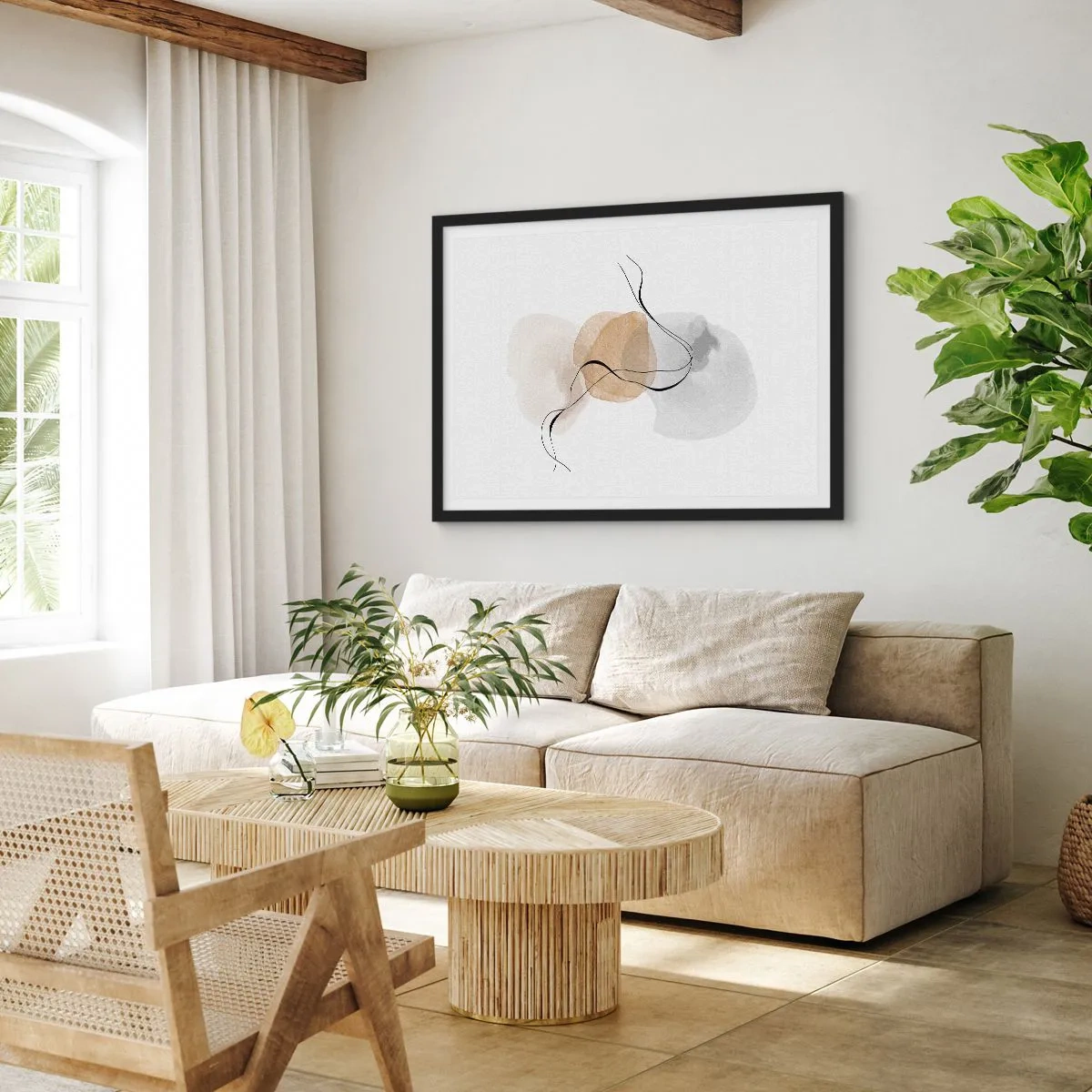Poster in einem schwarzem Rahmen - Minimalistische Abstraktion in Beige- und Grautönen - 70x50cm - Luftperlen - Moderne Wanddekoration für Wohnzimmer und Schlafzimmer ARTTOR