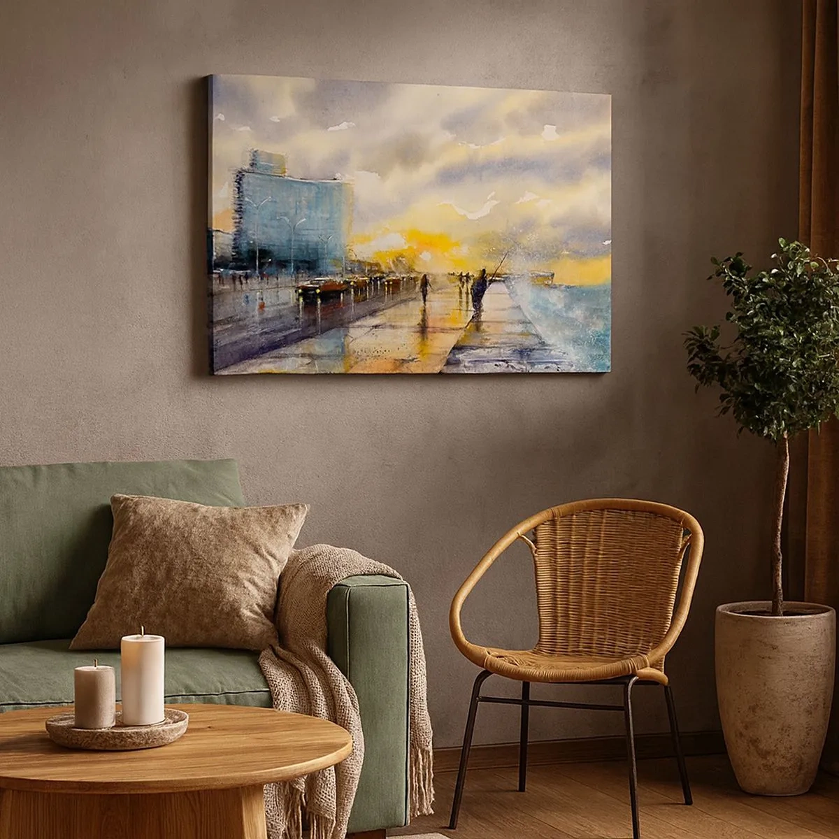 Bild auf Leinwand - Leinwandbild - Ein malerischer Blick auf die Strandpromenade bei Sonnenuntergang - 70x50cm - Leben am Ufer - Moderne Wanddekoration für Wohnzimmer und Schlafzimmer ARTTOR