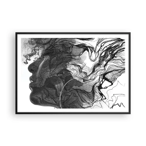 Poster in einem schwarzem Rahmen - Abstraktes Gesicht in Schwarzweiß mit dynamischen Linien. - 100x70cm - Verstrickt in Träume - Moderne Wanddekoration für Wohnzimmer und Schlafzimmer ARTTOR