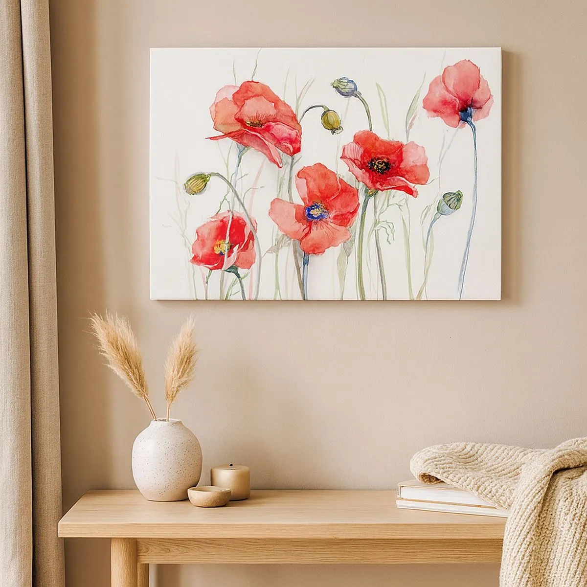 Bild auf Leinwand - Leinwandbild - Aquarell-Mohnblumen auf zartem Hintergrund - 70x50cm - Polnische Blumen - Moderne Wanddekoration für Wohnzimmer und Schlafzimmer ARTTOR