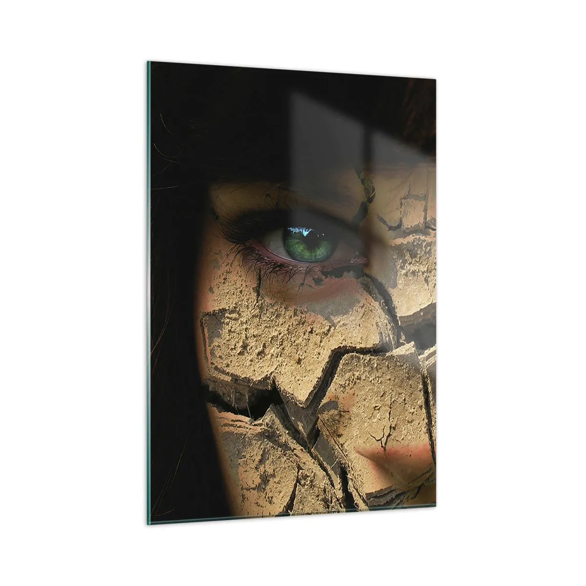 Glasbild - Bild auf glas - Ein Frauengesicht mit einem rissigen Erdeffekt - 50x70cm - Freude und Grauen zugleich - Moderne Wanddekoration für Wohnzimmer und Schlafzimmer ARTTOR