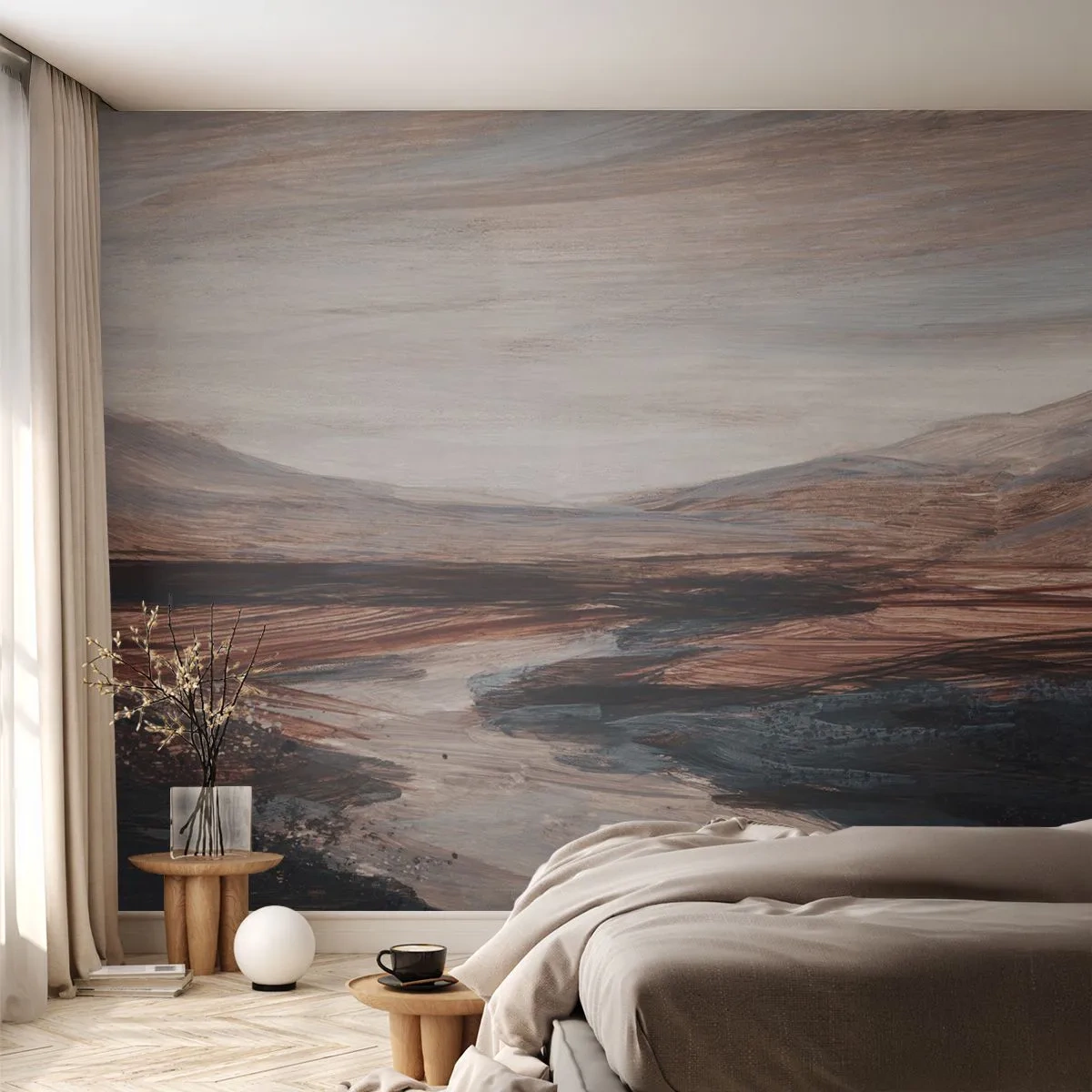 Fototapete Premium Canvas - Eine malerische Landschaft mit Fluss und Bergen - 100x70cm - Ruhiges Tal - Moderne Wanddekoration für Wohnzimmer und Schlafzimmer ARTTOR