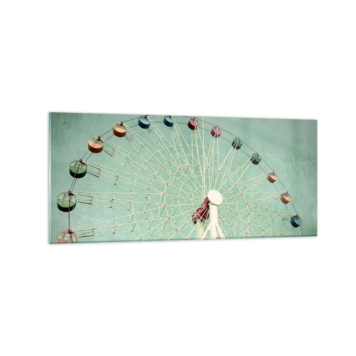 Glasbild - Bild auf glas - Ein buntes Riesenrad vor blauem Himmel im Retro-Stil - 120x50cm - Wir laden zum Spiel ein - Moderne Wanddekoration für Wohnzimmer und Schlafzimmer ARTTOR
