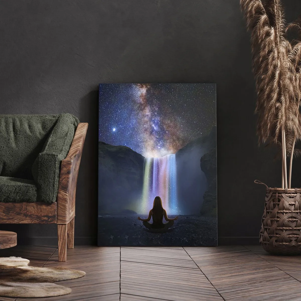 Bild auf Leinwand - Leinwandbild - Meditation vor einem Wasserfall inmitten der Sterne - 80x120cm - Absolute Harmonie - Moderne Wanddekoration für Wohnzimmer und Schlafzimmer ARTTOR