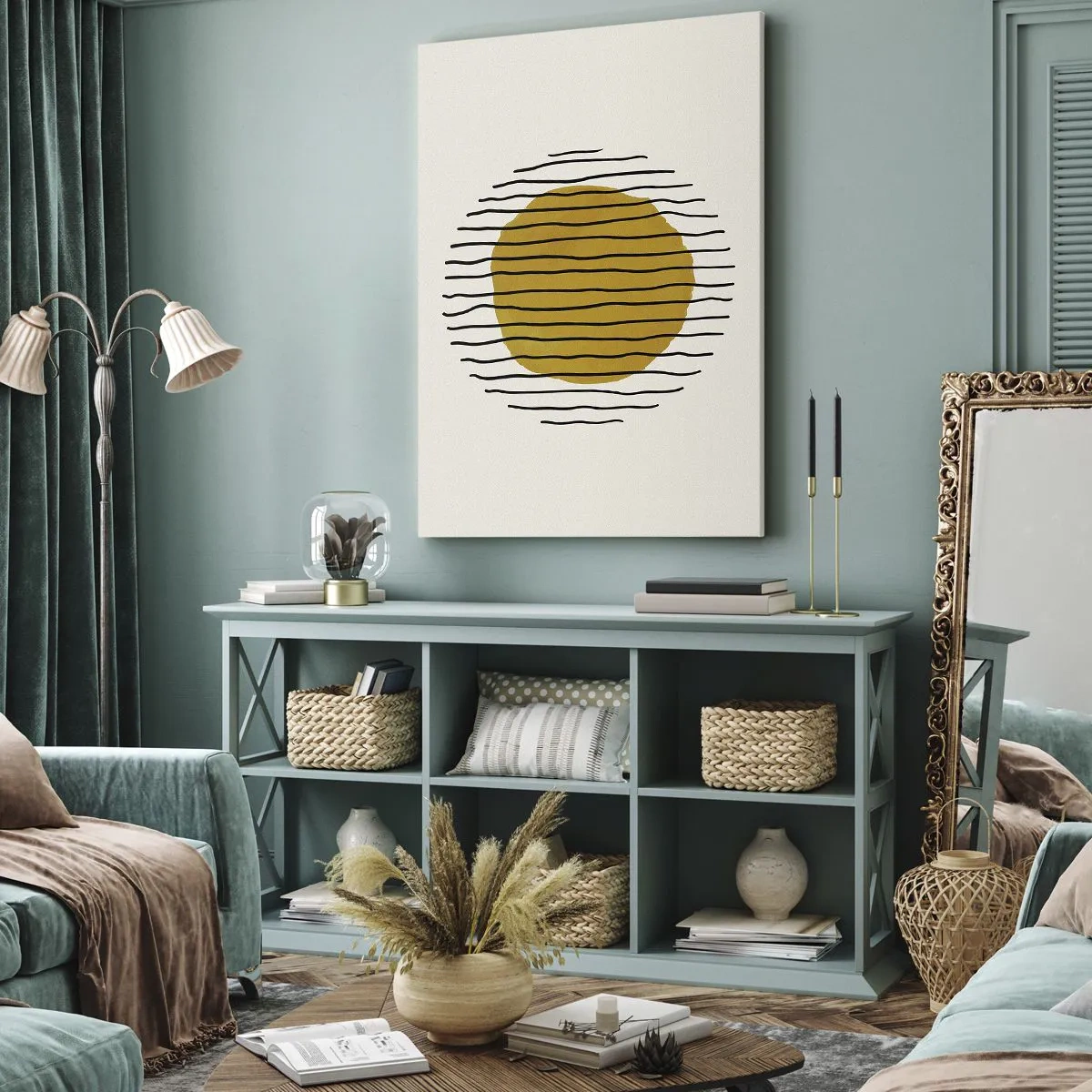 Bild auf Leinwand - Leinwandbild - Ein minimalistisches Motiv mit einem gelben Kreis und schwarzen Linien. - 50x70cm - Abstraktion, die vor Hitze zittert - Moderne Wanddekoration für Wohnzimmer und Schlafzimmer ARTTOR