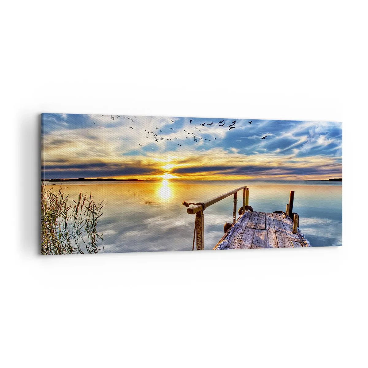 Bild auf Leinwand - Leinwandbild - Holzsteg über dem See bei Sonnenuntergang - 120x50cm - Der Wind geht zur Ruhe - Moderne Wanddekoration für Wohnzimmer und Schlafzimmer ARTTOR