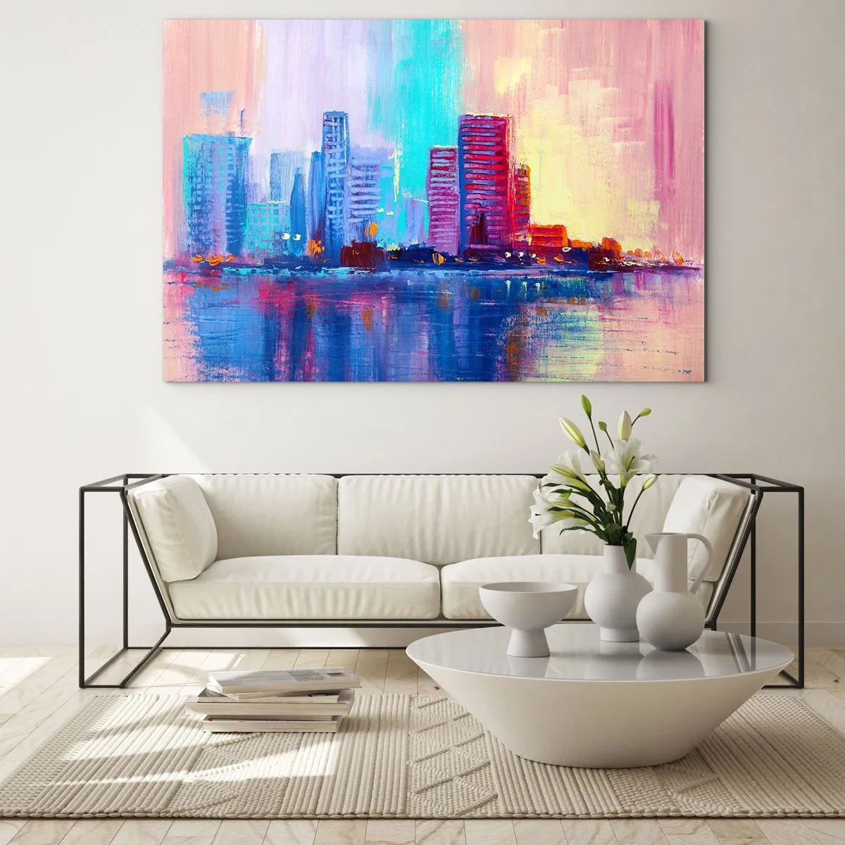 Glasbild - Bild auf glas - Eine moderne Stadt in intensiven Farben, die sich im Wasser spiegelt - 120x80cm - In Farben getaucht - Moderne Wanddekoration für Wohnzimmer und Schlafzimmer ARTTOR