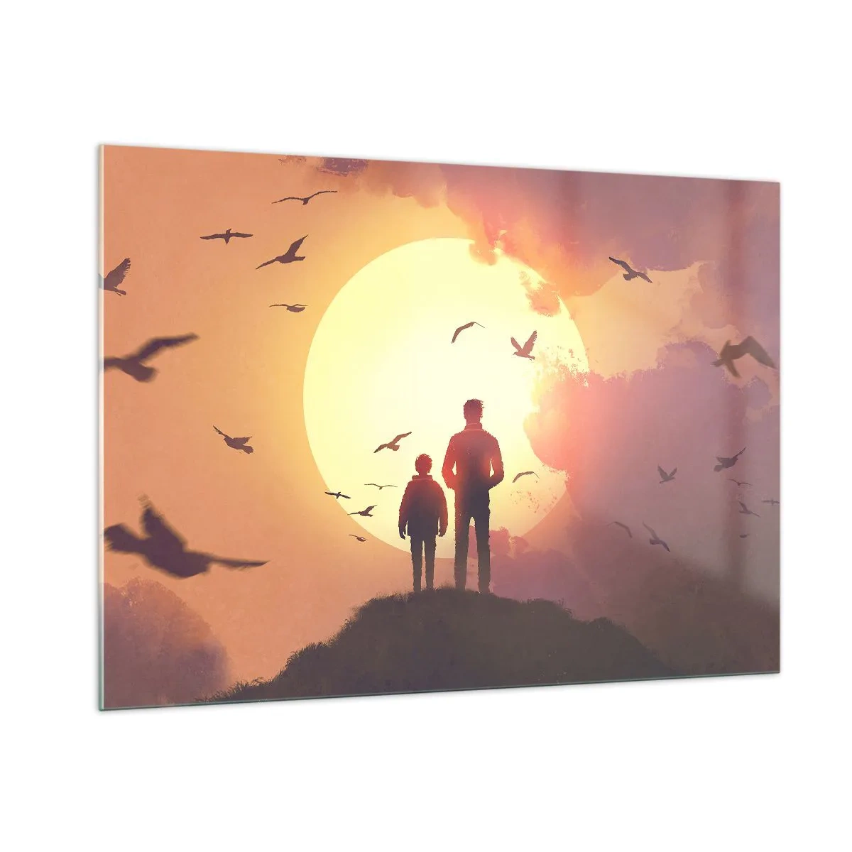Glasbild - Bild auf glas - Figuren eines Vaters und eines Sohnes, die vor dem Hintergrund der untergehenden Sonne und fliegender Vögel stehen - 100x70cm - Von Angesicht zu Angesicht mit der Sonne - Moderne Wanddekoration für Wohnzimmer und Schlafzimmer AR