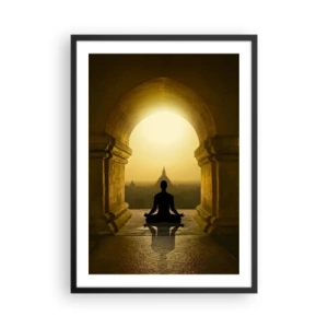Poster in einem schwarzem Rahmen - Eine meditierende Figur im Bogen eines Tempels vor dem Hintergrund der aufgehenden Sonne - 50x70cm - Vollkommene Harmonie - Moderne Wanddekoration für Wohnzimmer und Schlafzimmer ARTTOR