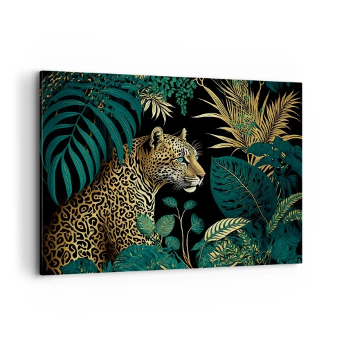 Bild auf Leinwand - Leinwandbild - Leopard in tropischen Blättern auf schwarzem Hintergrund - 120x80cm - Gastgeber im Dschungel - Moderne Wanddekoration für Wohnzimmer und Schlafzimmer ARTTOR