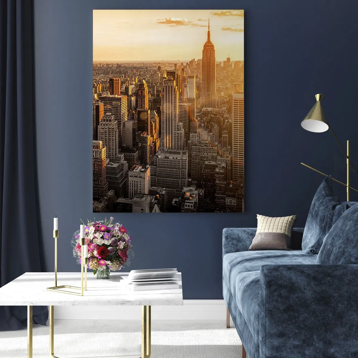 Glasbild - Bild auf glas - Skyline von New York City bei Sonnenuntergang mit Blick auf das Empire State Building - 70x100cm - In der Sonne wachsen - Moderne Wanddekoration für Wohnzimmer und Schlafzimmer ARTTOR