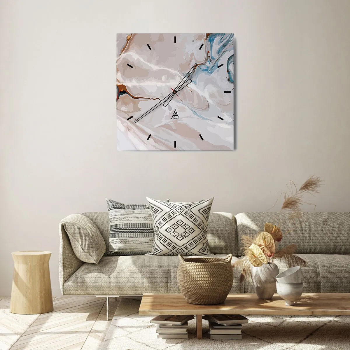 Wanduhr - Glasuhr - Abstraktes Muster in Weiß- und Blautönen - 30x30cm - Blau schlängelt sich unter dem Weiß - Moderne Wanddekoration für Wohnzimmer und Schlafzimmer ARTTOR